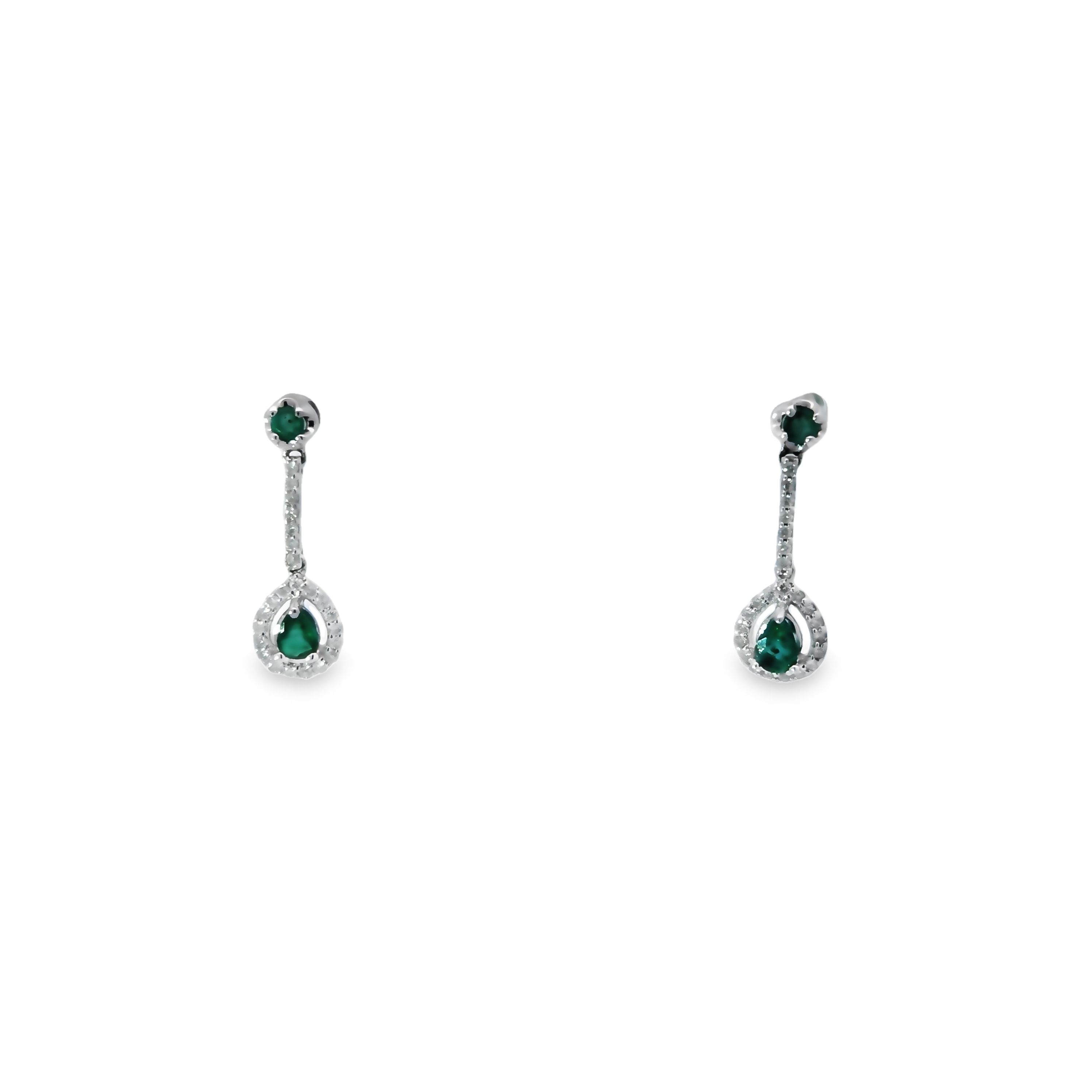 14Kw Emerald & Diamond Dangle Earrings  E=.56Ct D=.22Cttw