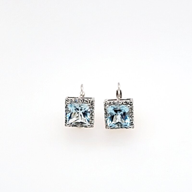 14Kw Sq. Aqua & Diamond Earrings  Aq=3.60Ct  D=.33Ct