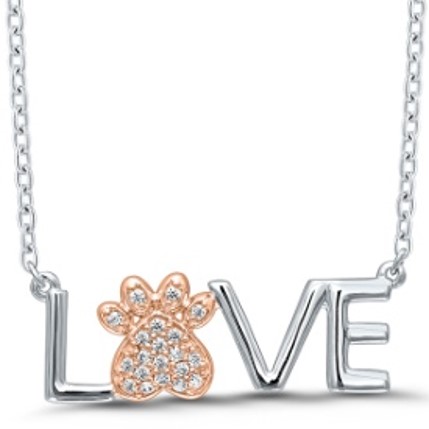 Ss/Pgp Dog Paw/Love Bar Pendant W/Diamond Accents
