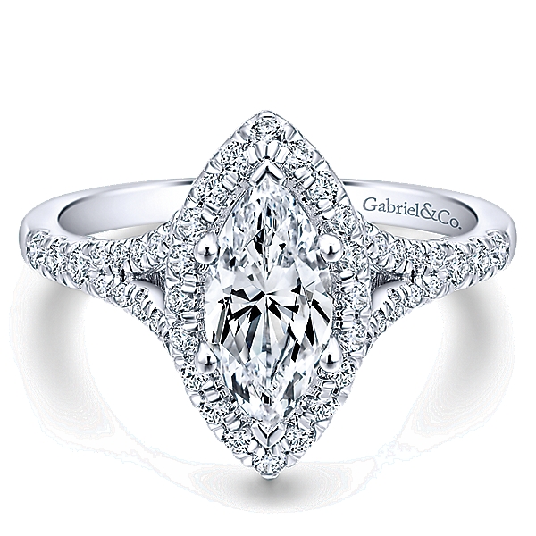 14Kw .63Tw "Verbena" Diamond Semi-Mount Fits 1ct Marquise Center    Verbena  14k White Gold Marquise Halo Engagement RingThis marquise cut stunner boasts a complementary diamond halo atop an elegant split shank pave diamond band. Even the gallery