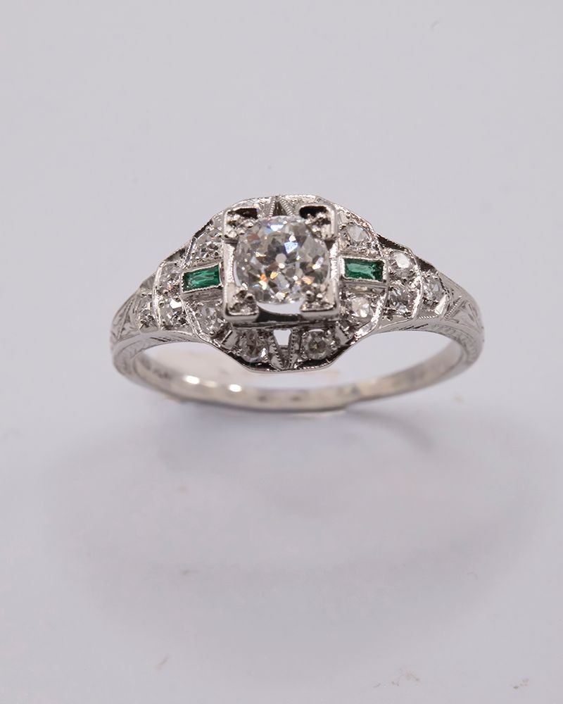 Platinum Estate Europiean Cut .70ctw Diamond and Emerald Ring
