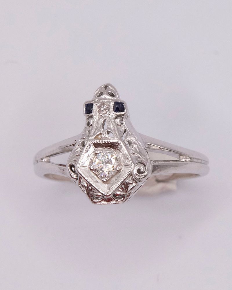 14K White Gold Estate Diamond Sapphire Ring