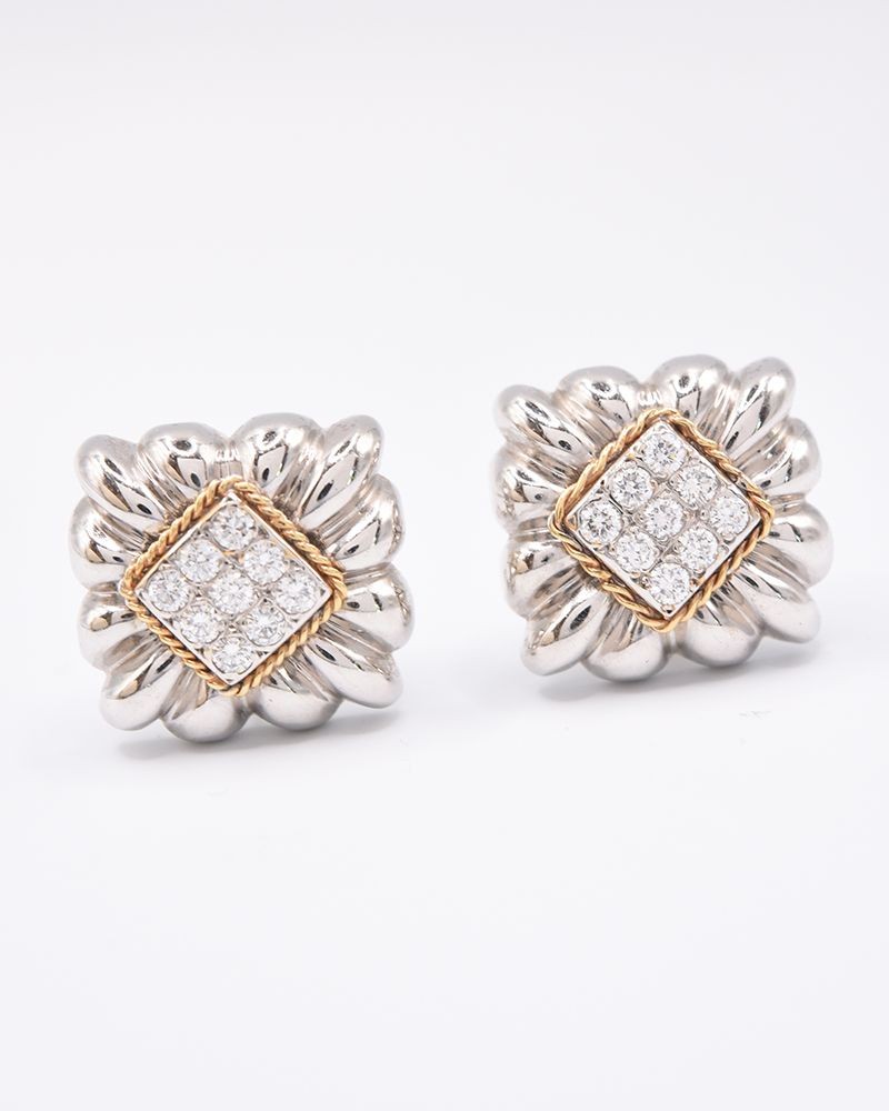 Estate 14kt White Gold Pave Diamond Square Earrings.