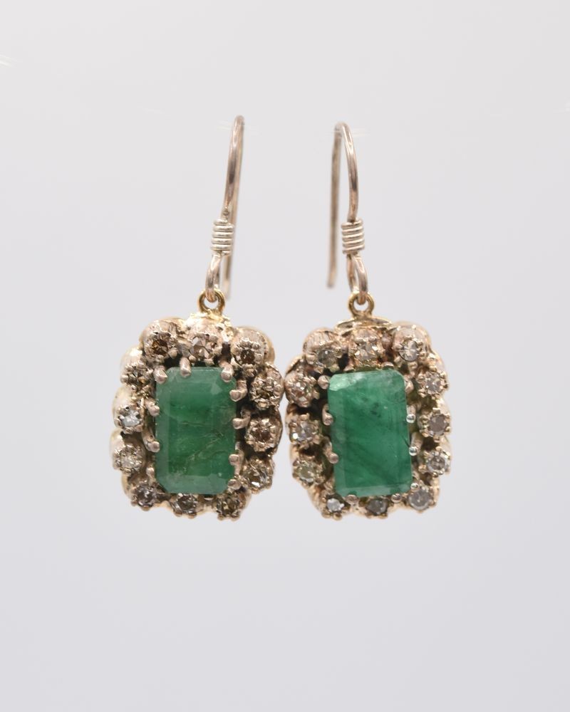 Estate 14kt yellow gold and sterling silver Emerald & Diamond Drop Earrings.