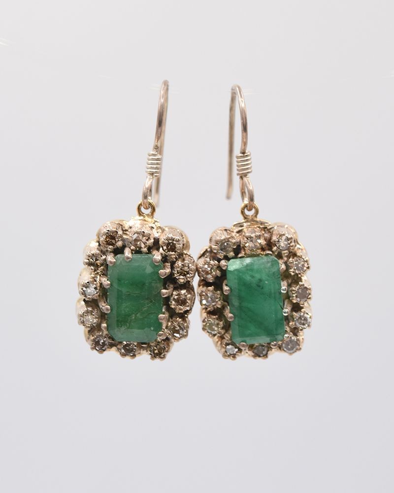 Estate 14kt yellow gold and sterling silver Emerald & Diamond Drop Earrings.