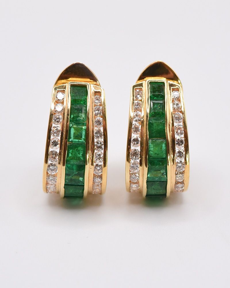Estate 18k Gold Emerald and Diamond  "J" Style Hoops.