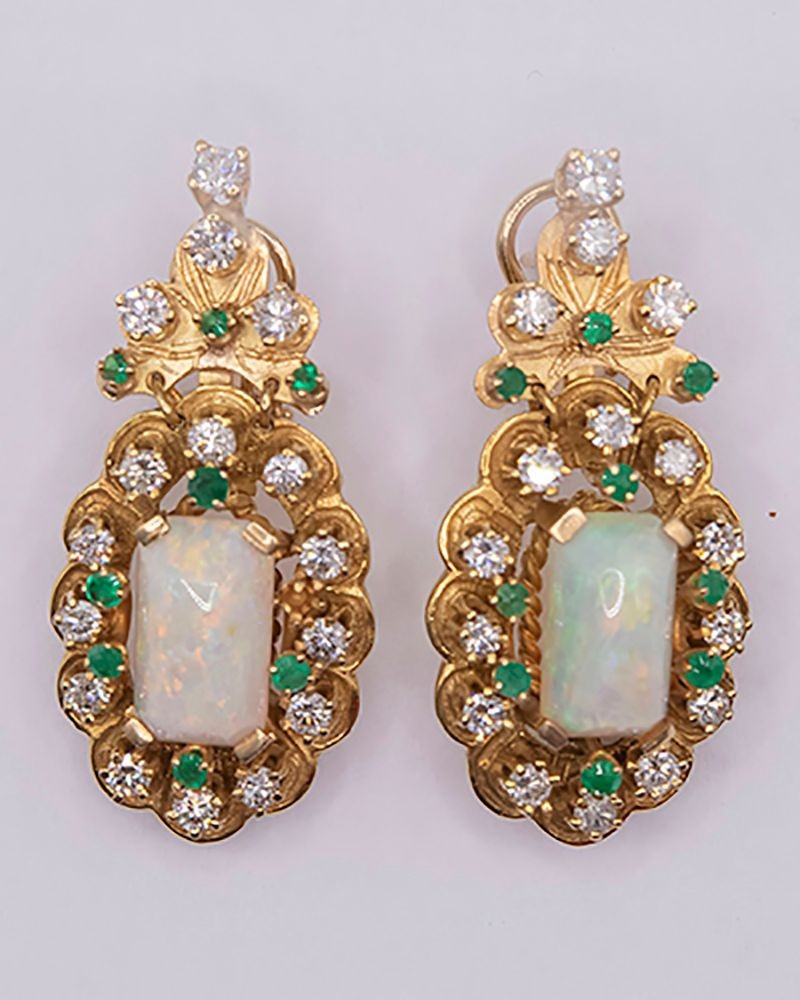 14k Gold Estate Emerald Opal And Diamond Earrings
