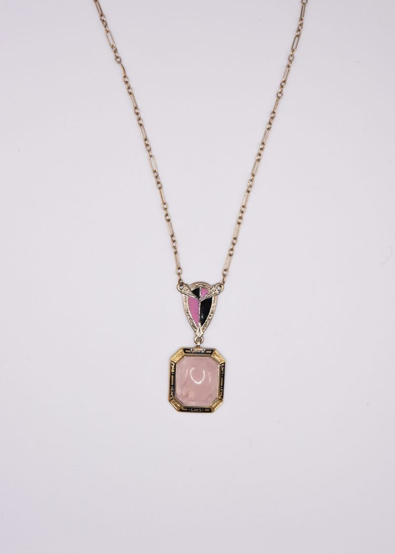 Estate 14K Rose Quartz & Enamel Necklace.