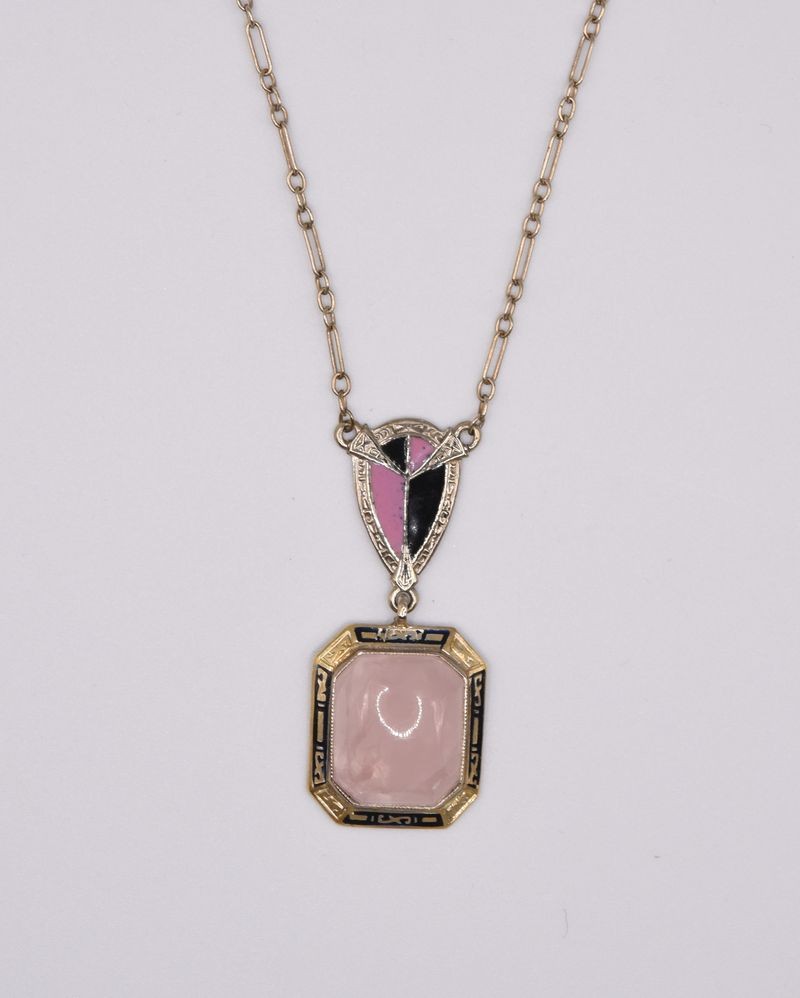 Estate 14K Rose Quartz & Enamel Necklace.