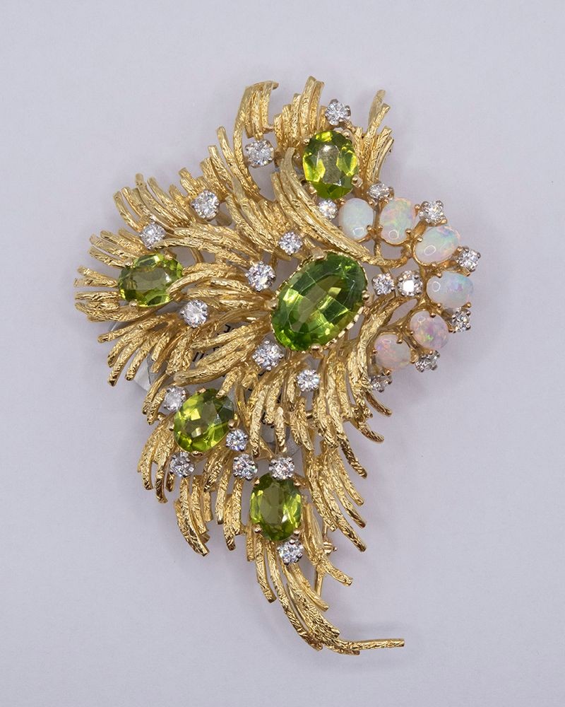 Jack Gutschneider 18K Gold Estate Diamond, Opal & Peridot Broach.