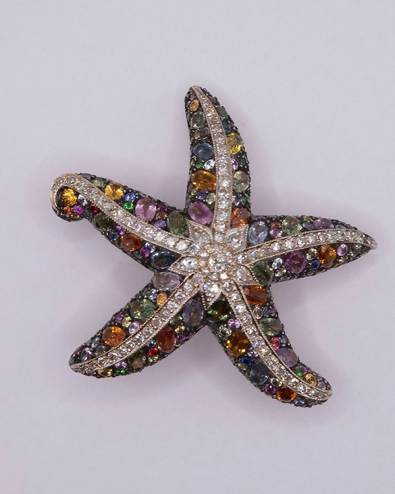 18K Estate Multi Color Sapphire and Diamond Starfish Brooch.