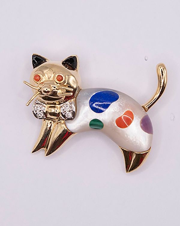 14K Gold Estate Ash Grossbaradt Diamond Gemstone Inlay Cat Brooch