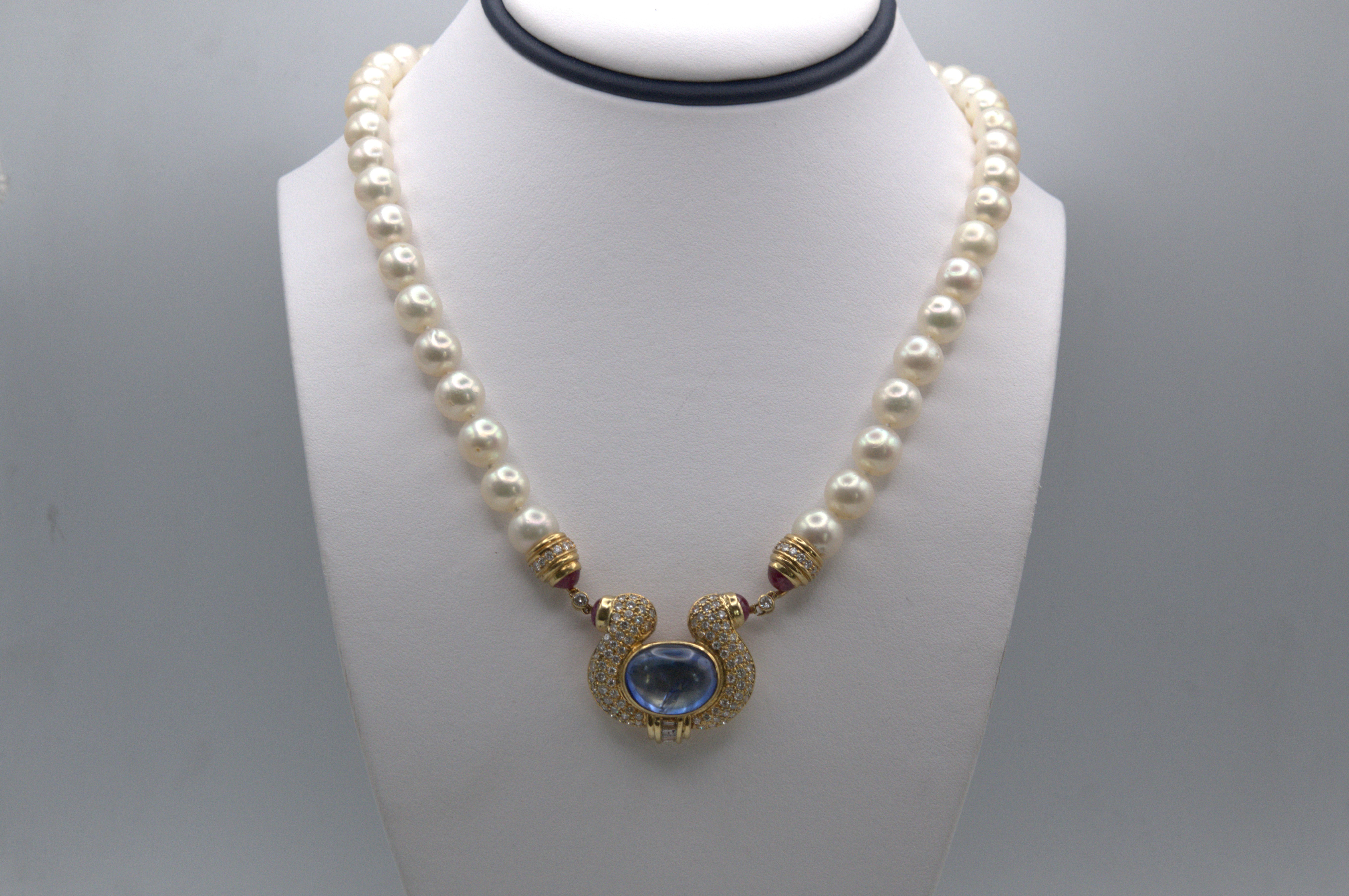18K Estate Pearl & Diamond, Ruby and Sapphire Necklace