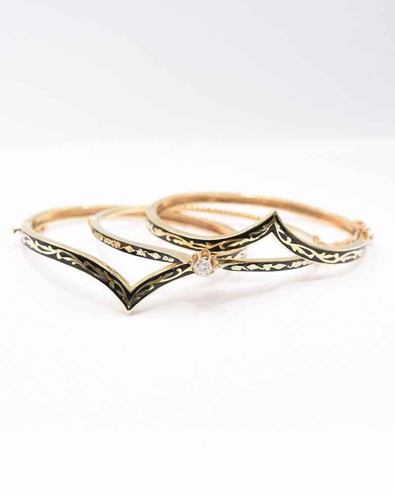 One 14K Gold Estate Chevron Black Enamel Bangles