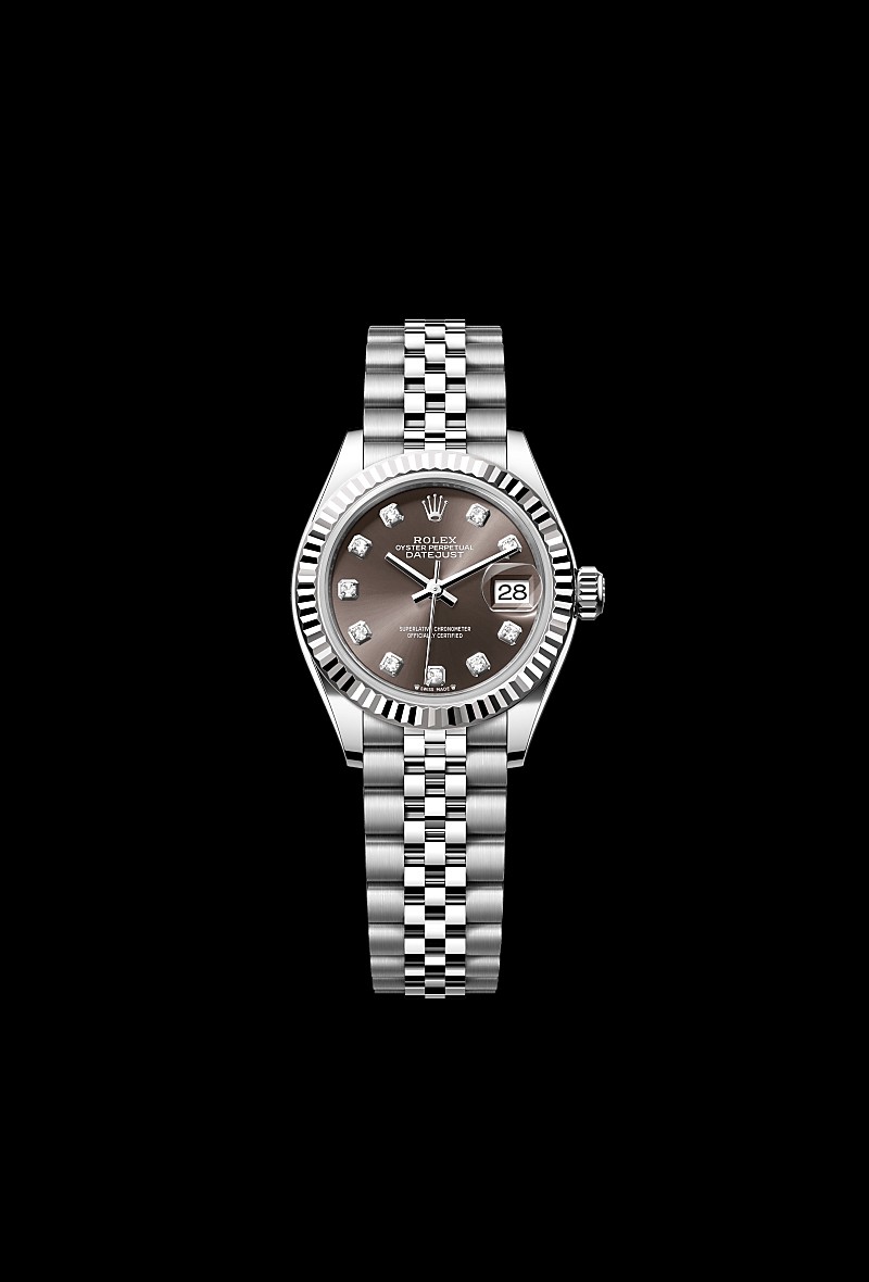 Lds Rolex Datejust 28mm 18kt White Gold and Stainless Dark Gray Diamond Dial 2023 Box and Papers.