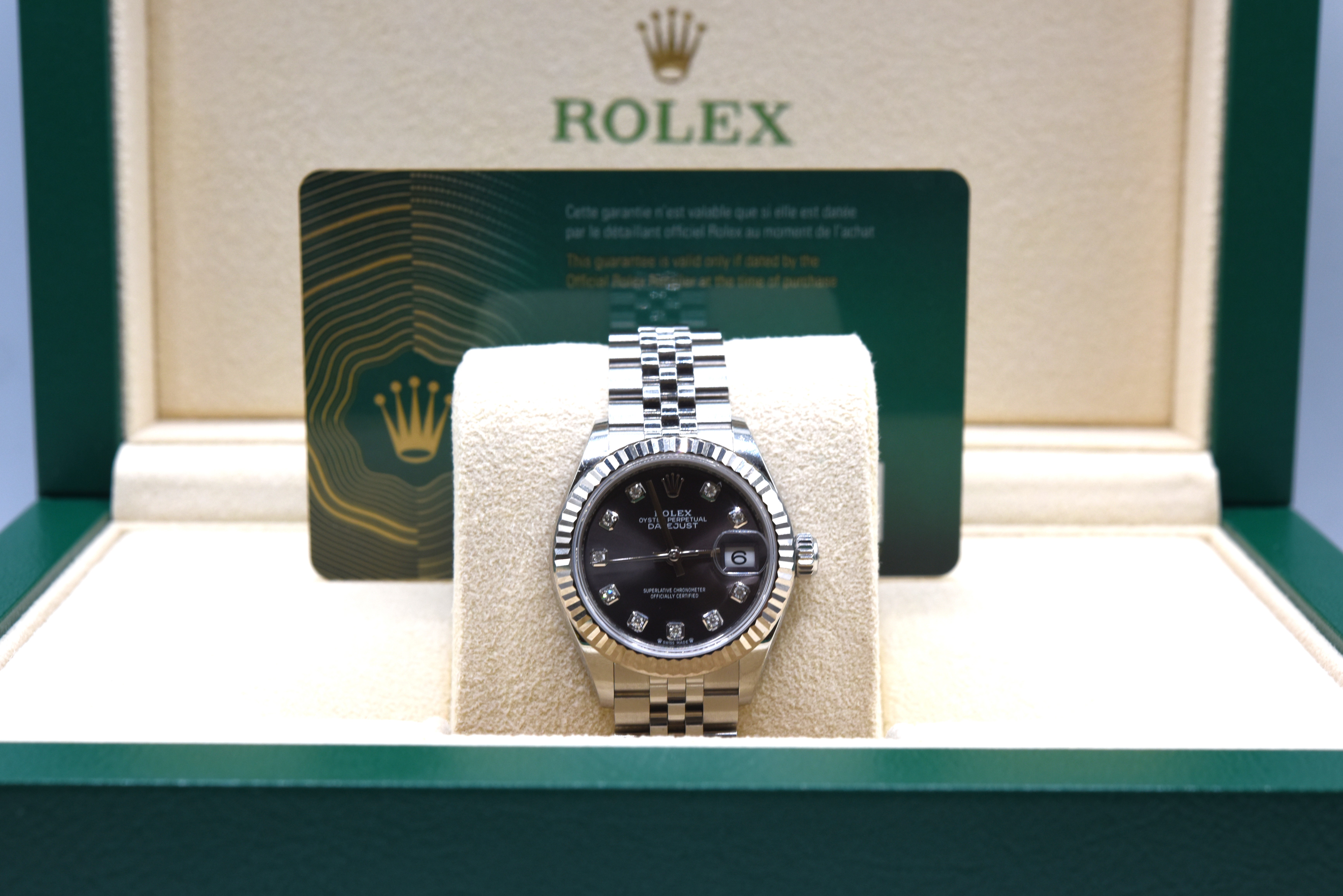 Lds Rolex Datejust 28mm 18kt White Gold and Stainless Dark Gray Diamond Dial 2023 Box and Papers.