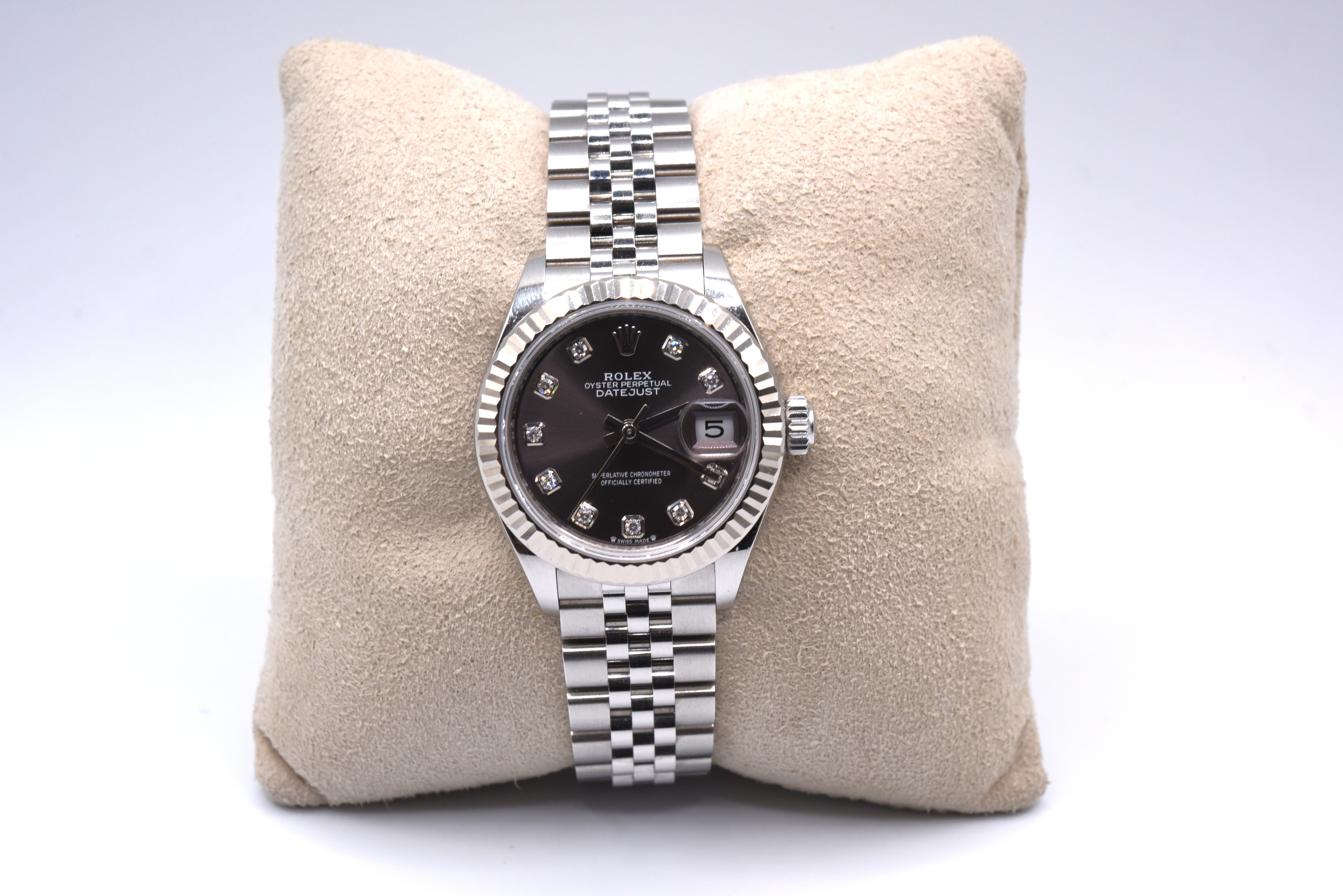 Lds Rolex Datejust 28mm 18kt White Gold and Stainless Dark Gray Diamond Dial 2023 Box and Papers.