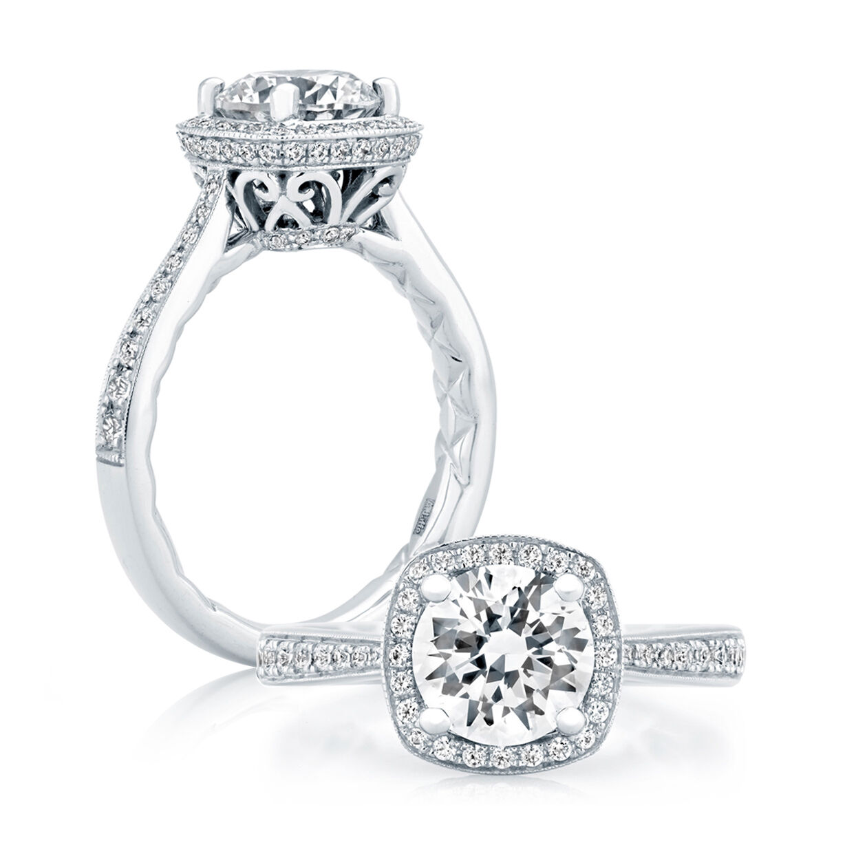 A.JAFFE 14K White Gold Round With Halo Engagement Ring