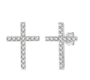 10K White Gold Diamond Cross Stud Earring