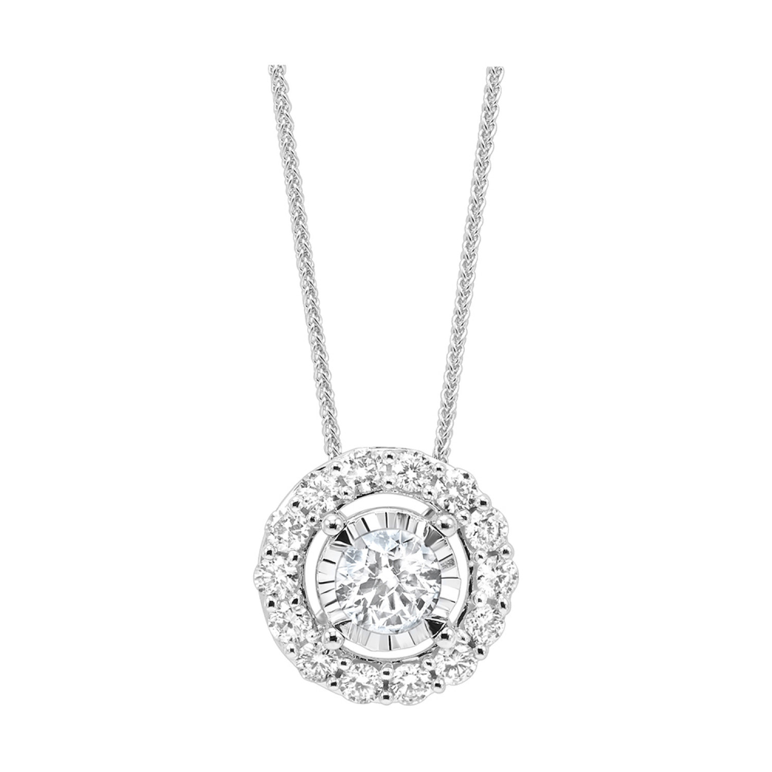 14K White Gold Diamond With Halo Pendant Necklace
