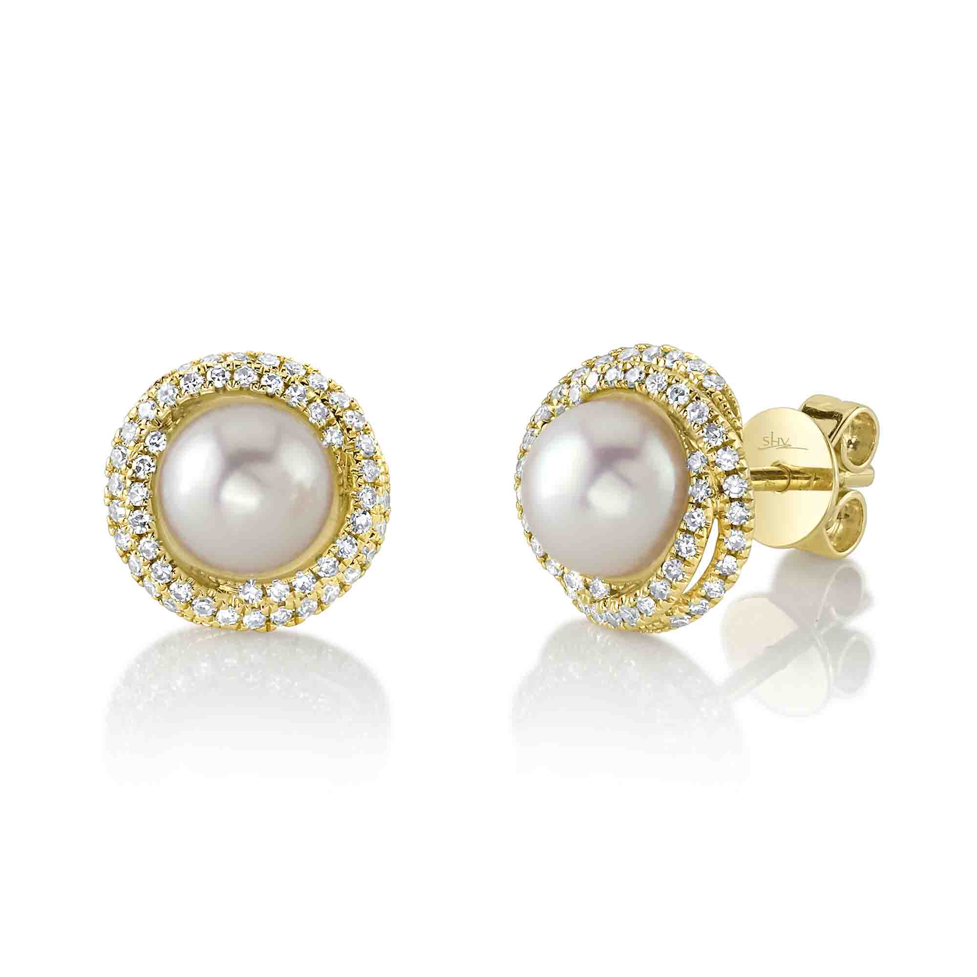 SHY 14K Yellow Gold Diamond/Pearl Stud Earrings