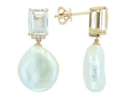 14k Yellow Gold White Topaz/ Diamond/ Pearl Earring