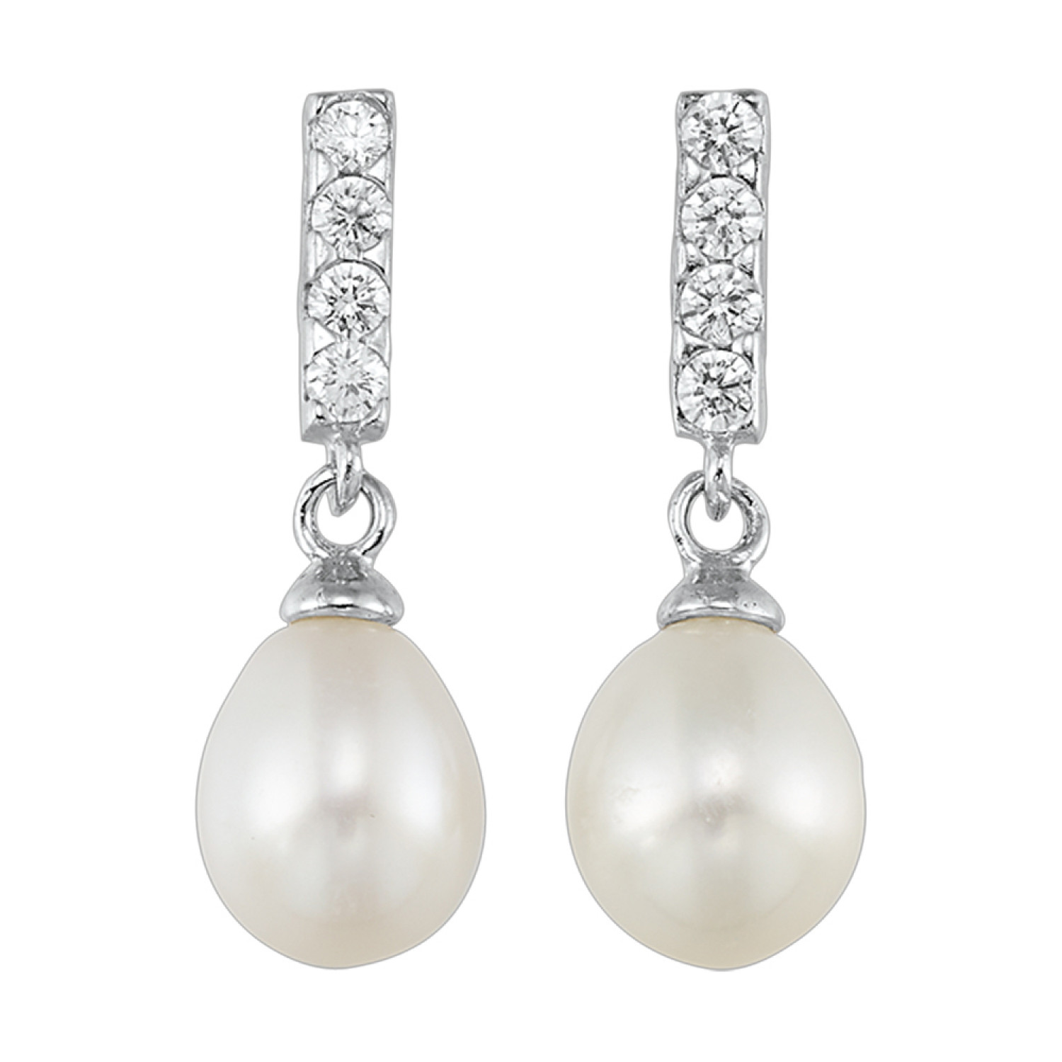 Sterling Silver Pearl Diamond Drop Earrings
