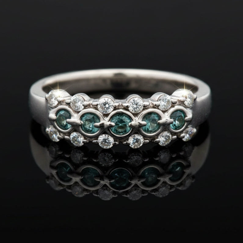 Estate Ring, 10 Round Brilliant Cut Diamond 0.26cttw G-H SI1-SI2, 5 Alexandrite Round 0.22cttw Blue-Purple Platinum 6.21g. All Weights Estimated.