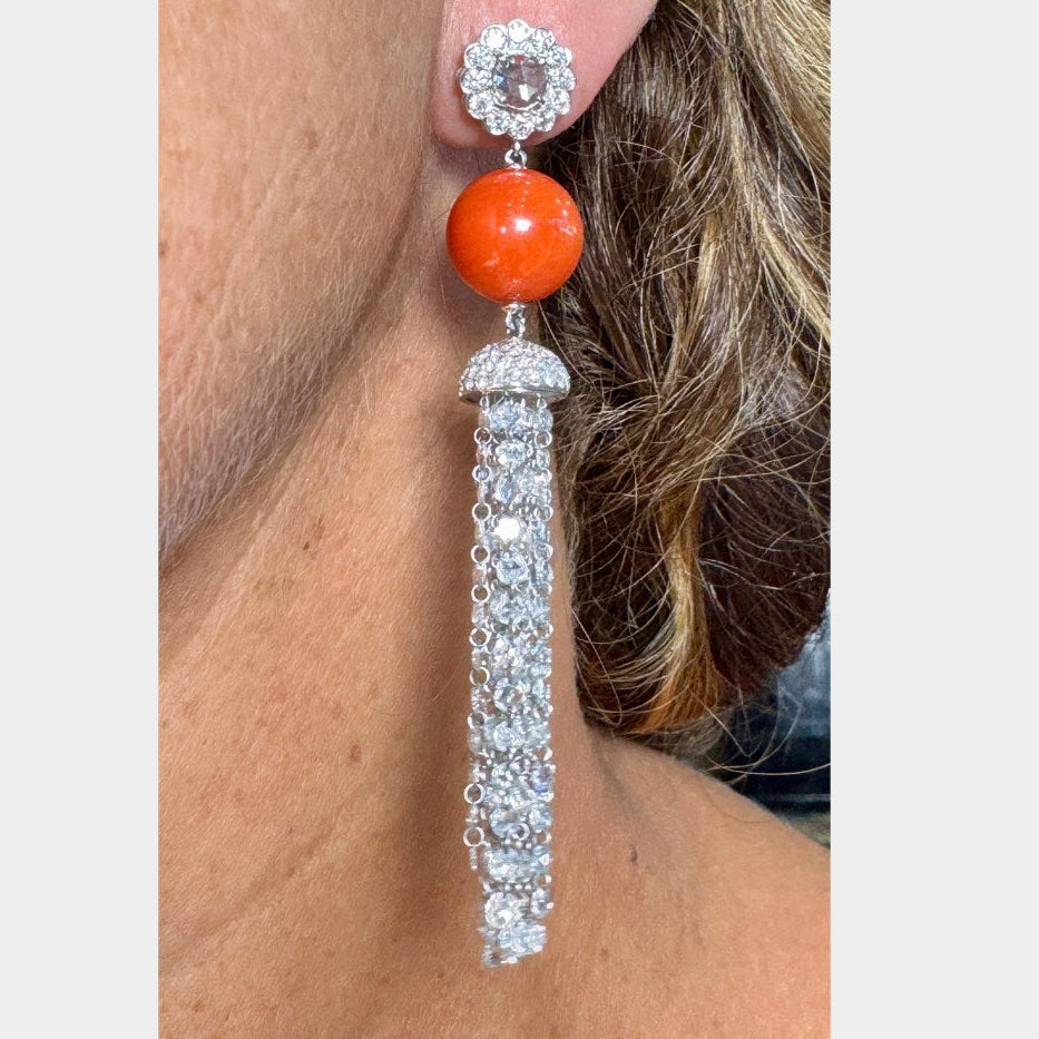 Estate Earrings, RBC/Rose Cut/ Briolette Diamond 13.50 cttw  E-G VVS1-VS2,2 Coral 18K White Gold 19.40g. All Weights Estimated.