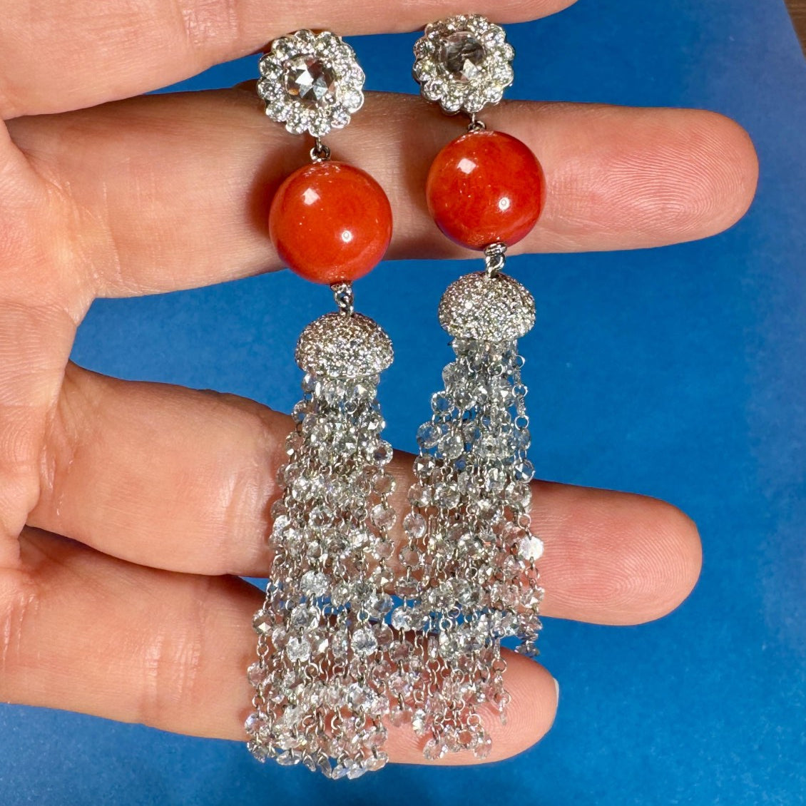Estate Earrings, RBC/Rose Cut/ Briolette Diamond 13.50 cttw  E-G VVS1-VS2,2 Coral 18K White Gold 19.40g. All Weights Estimated.