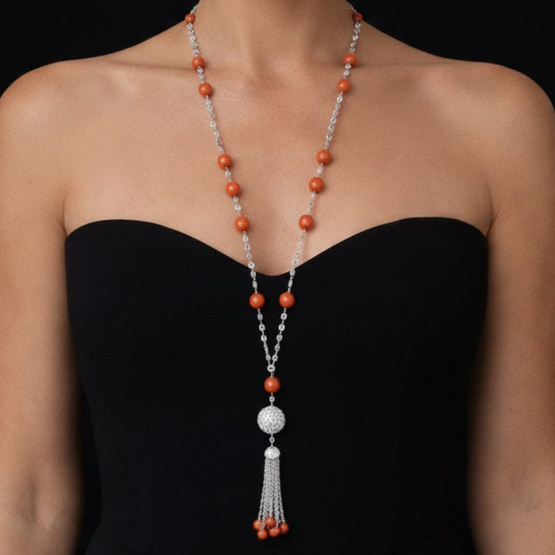 Estate Necklace, Rose Cut/RBC/Briolette Diamond 70.00 cttw  E-G VVS1-VS2,19 Coral Round,8 Coral Round 18K White Gold 90.70g. All Weights Estimated.