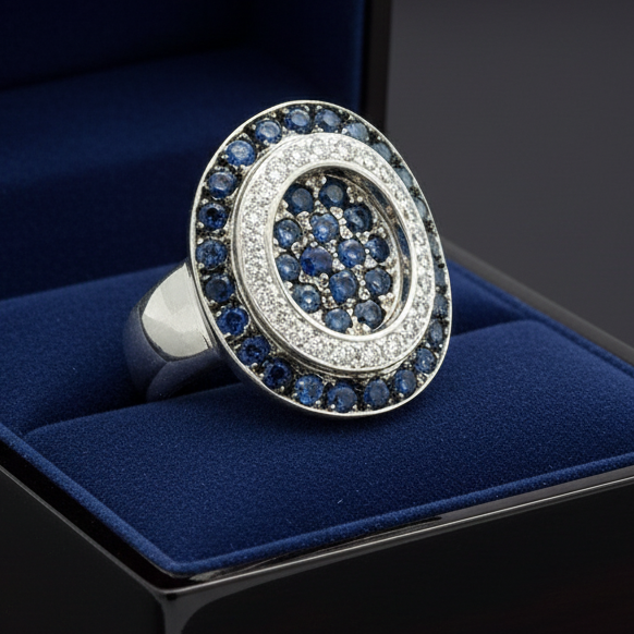 Estate Ring, 24 Round Brilliant Cut Diamond 0.16 ct  G-H SI1-SI2,38 Sapphire Round 0.99 ct  Platinum 8.86g