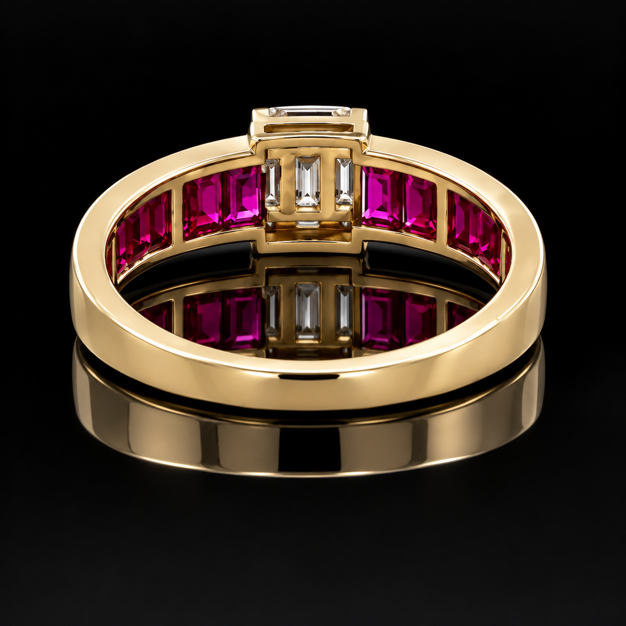 Estate Ring, Round/Baguette Cut Diamond 0.26 cttw  G-H VS1-SI1, Ruby French Cut 1.36 cttw  18K Yellow Gold 2.80g. All Weights Estimated.