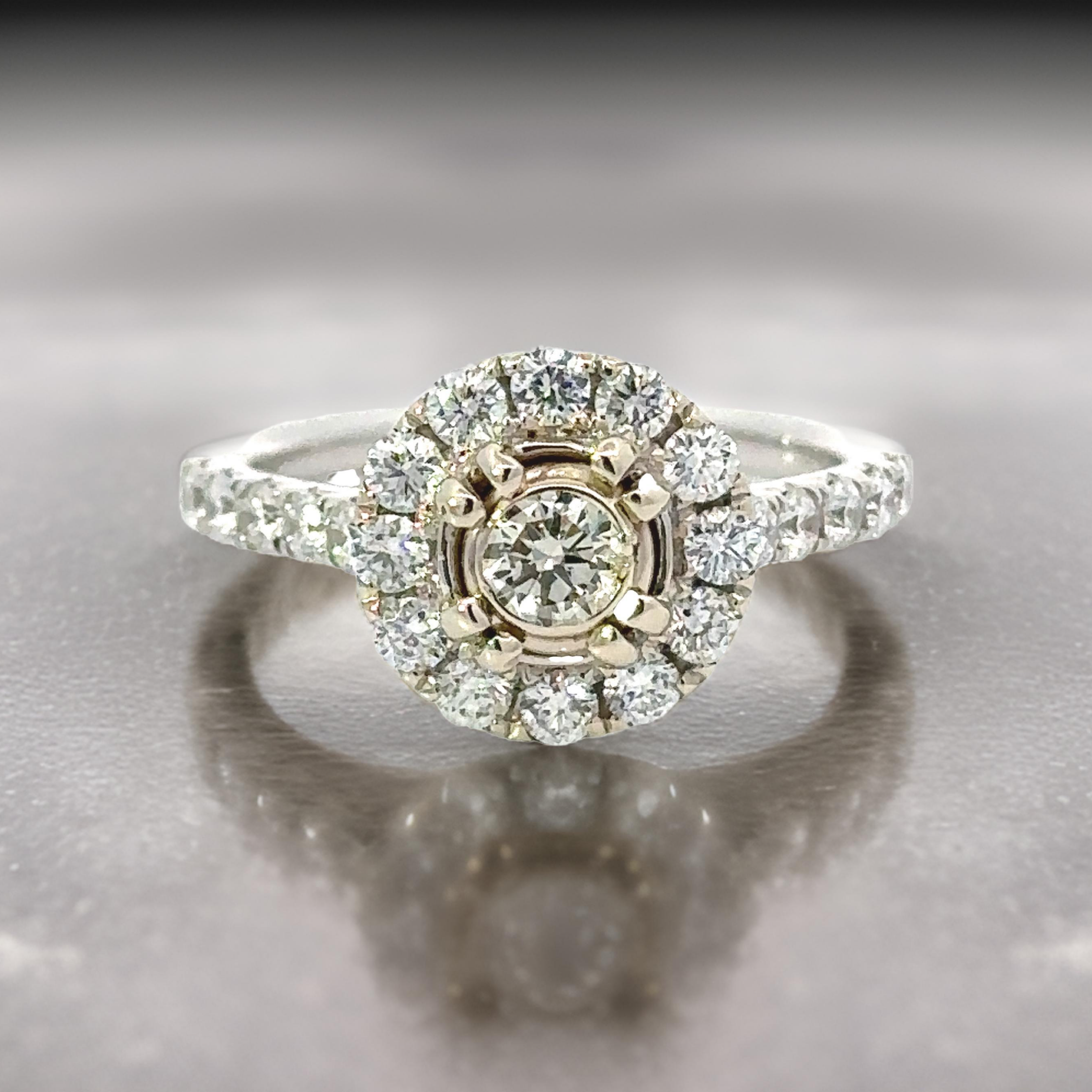 Maya Lianna Halo Ring,  1 Round Diamond 0.27 ct G-H SI1-SI2, 22 Round Diamond 0.80cttw G-H SI1-SI2, 14K White Gold 3.85g