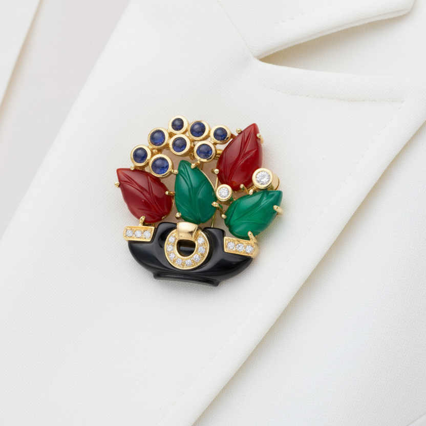 Cartier France Brooch/Pendant, 16 Round Brilliant Cut Diamonds 0.20cttw G-H VS1-VS2, 8 Sapphire Cabochon 1.00cttw, 2 Carnelion Carved, 2 Chalcedony Carved, 1 Onyx Freeform 18K Yellow Gold 14.14g. Serial # 913923. All Weights Estimated.