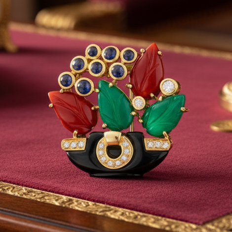 Cartier France Brooch/Pendant, 16 Round Brilliant Cut Diamonds 0.20cttw G-H VS1-VS2, 8 Sapphire Cabochon 1.00cttw, 2 Carnelion Carved, 2 Chalcedony Carved, 1 Onyx Freeform 18K Yellow Gold 14.14g. Serial # 913923. All Weights Estimated.