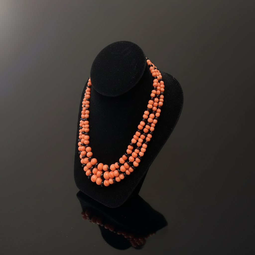 Italian Necklace, Round Brilliant Cut Diamond 0.29cttw.  H-I VS2-SI1, Coral Round, Onyx Rondelles Cut, Coral Freeform 8.85 ct.  18K Yellow Gold 19.50g