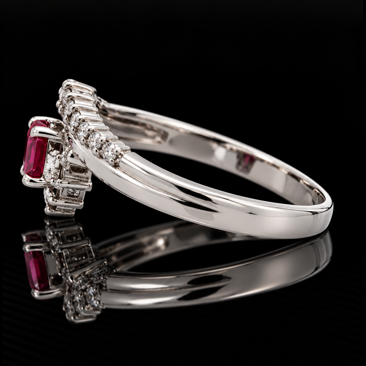 Estate Ring, Round Diamond 0.36 cttw  H-I SI1-SI1,1 Ruby Oval 0.30 ct  Platinum 4.16g. All Weights Estimated.
