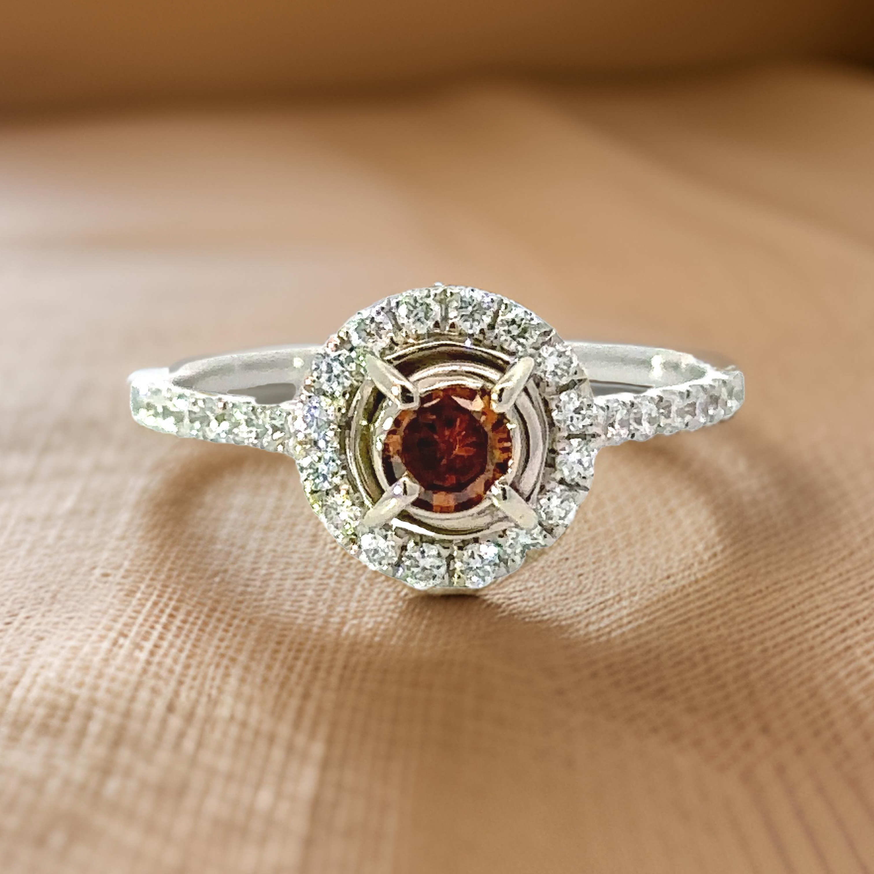 Maya Lianna Ring, 1 Round Natural Fancy Orange Diamond 0.25 ct VS2-SI1,  Round Diamond 0.34ct  G-H SI1-SI2, 14K White Gold 1.89g