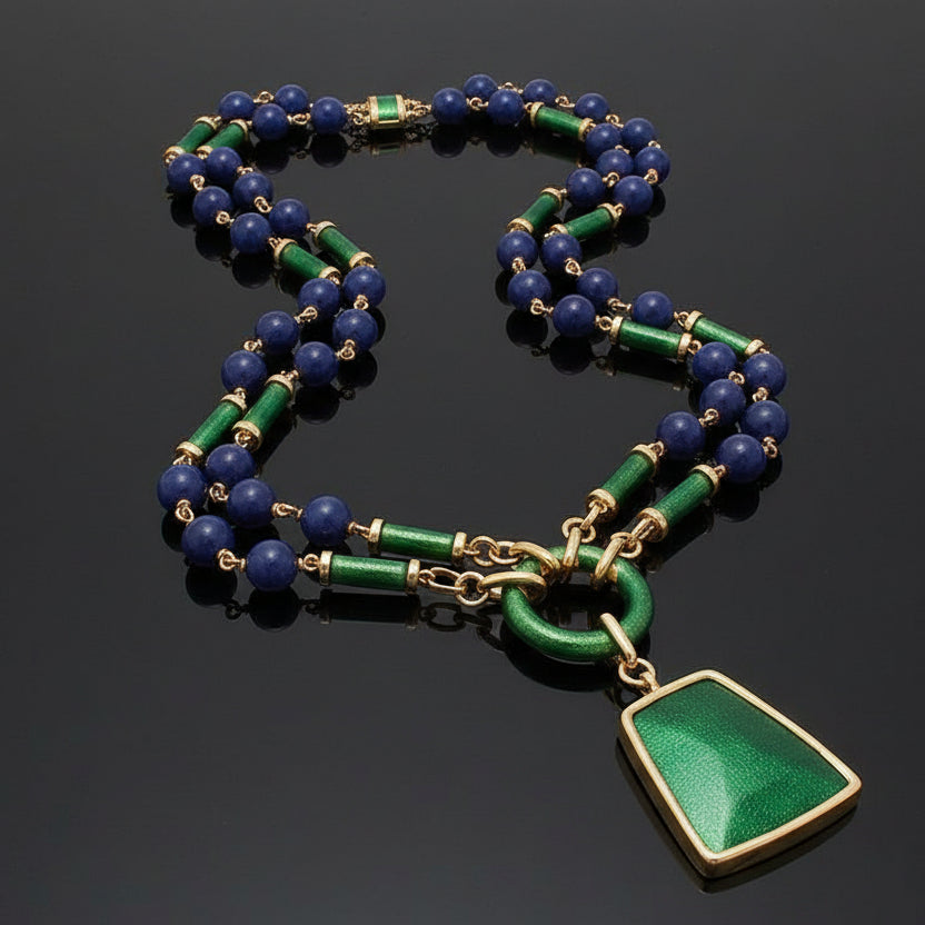 David Webb Necklace, Lapis Round 1145.55cttw, Enamel Green, 18K Yellow Gold. Signed GS437, All Weights Estimated