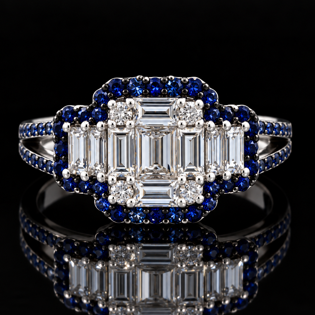 Estate Ring, 14 Mixed Cut Diamond 0.50 cttw  G-H VS1-SI1,64 Sapphire Round 0.82 cttw  18K White Gold 4.00g. All Weights Estimated.