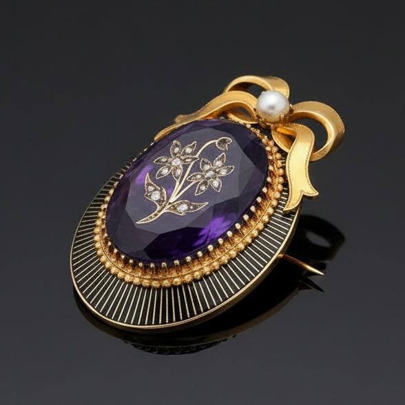 Estate Brooch/Pendant, Rose Cut Diamond 0.35 cttw, 1 Carved Oval Amethyst 22 mm x 16 mm, 1 Pearl, 18K Yellow Gold 15.16g