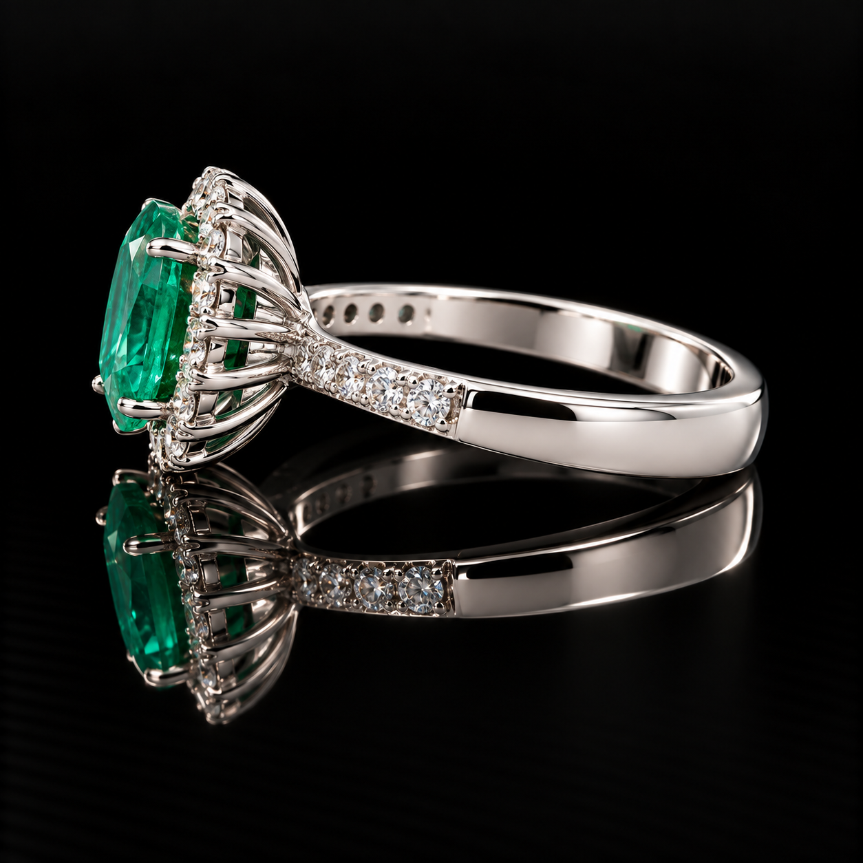 Estate Ring, Round Brilliant Cut Diamond 0.64 cttw , Emerald Oval 2.00 ct.  18K White Gold 4.54g. All Weights Estimated.
