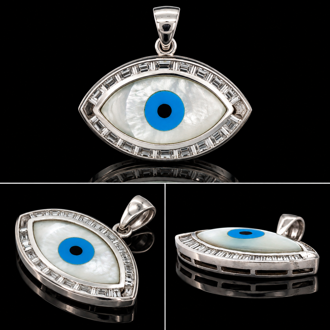 Estate Pendant, Baguette Cut Diamond 0.72 cttw  G-H VS1-SI1, Mother of Pearl, Turquoise 18K White Gold 4.10g. All Weights Estimated.