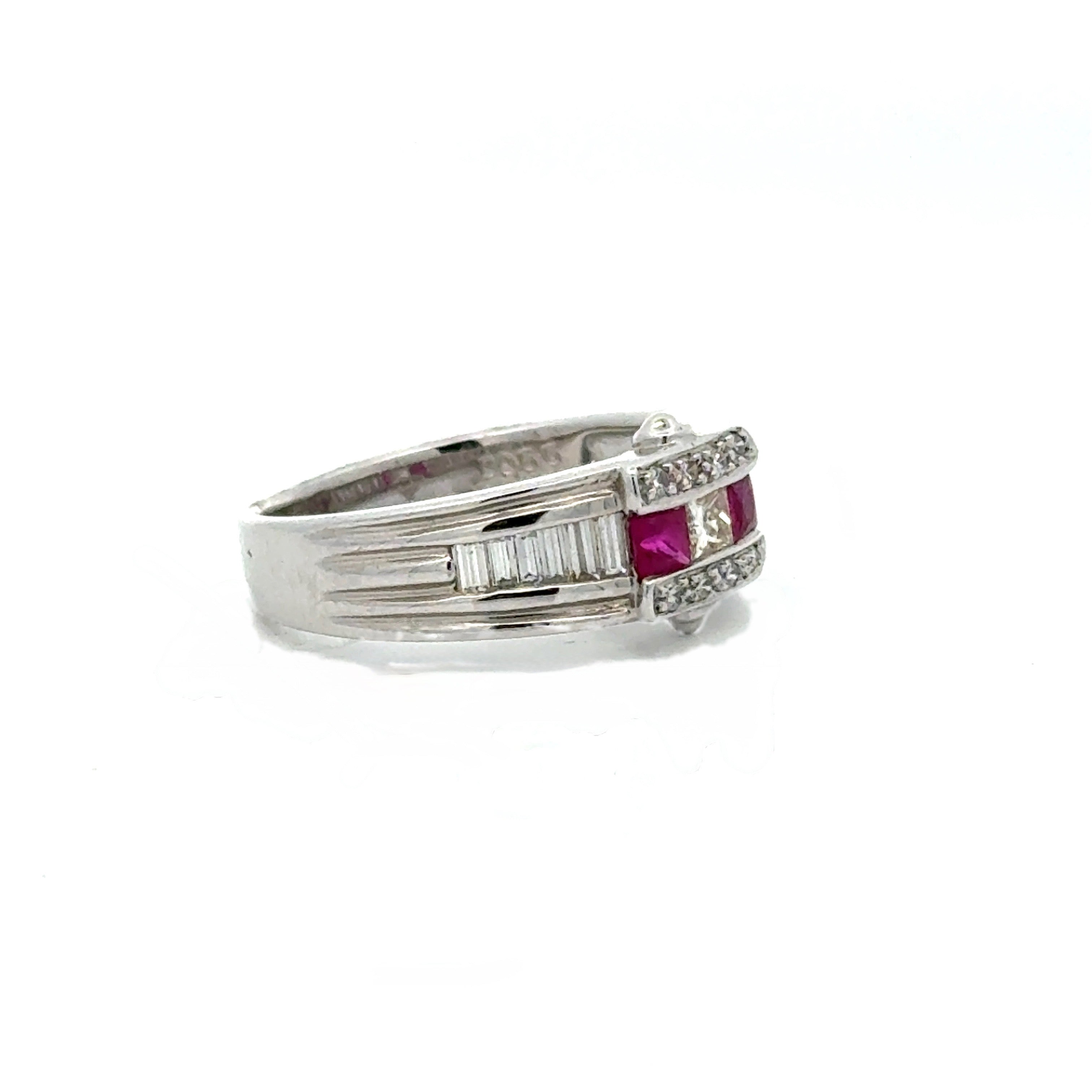 Vintage Ring TB/RBC Diamond 0.55cttw  G/H , 2 Ruby  PC 0.25cttw  PLATINUM W 6.00g ,All Weights Estimated