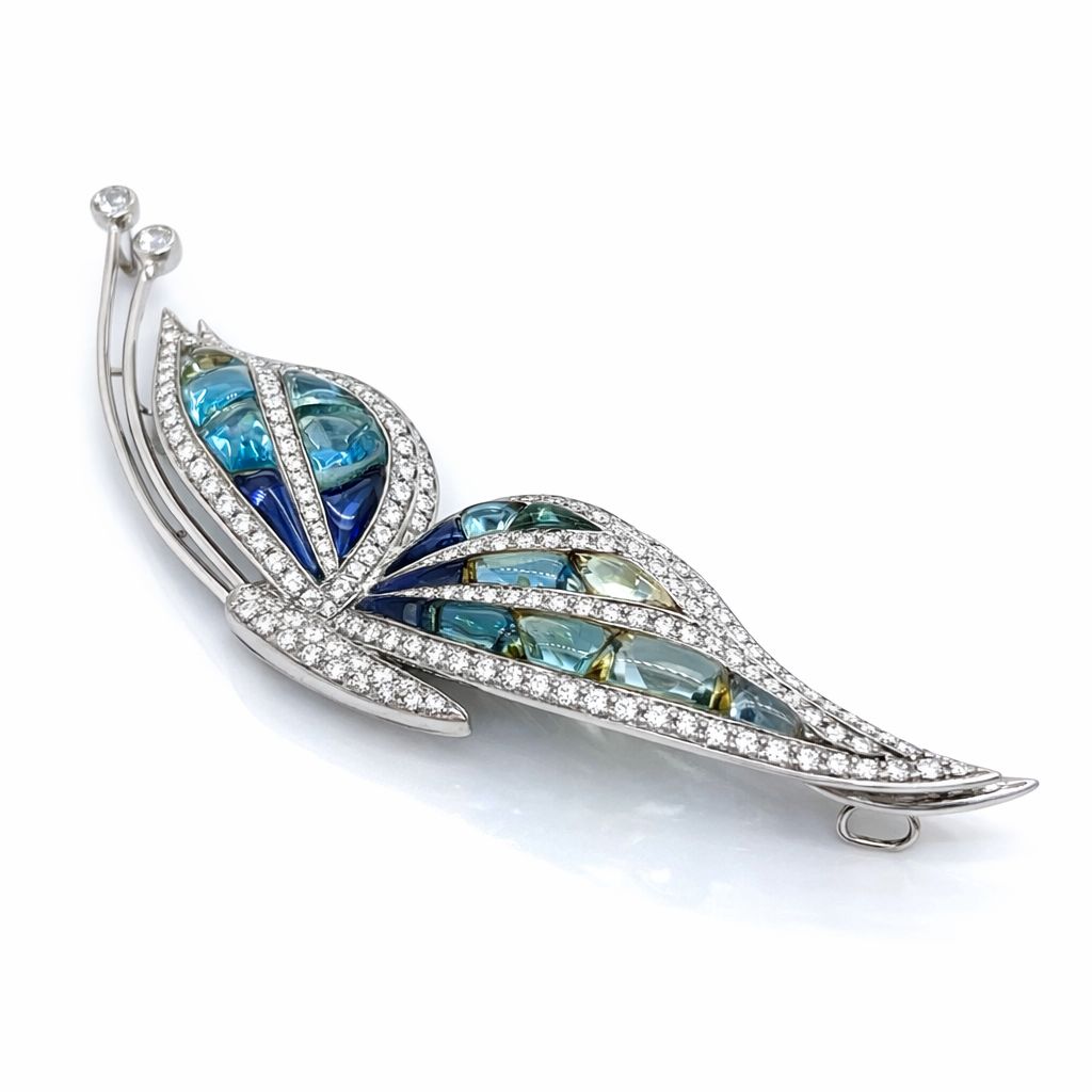 Garavelli Brooch/Pendant, 176 Round Brilliant Cut Diamondd 5.00cttw D-F VVS1-VS1,18 Amethyst, Aquamarine & Peridot Cabochon 20.00cttw, 18K White Gold 26.30g. All Weights Estimated.