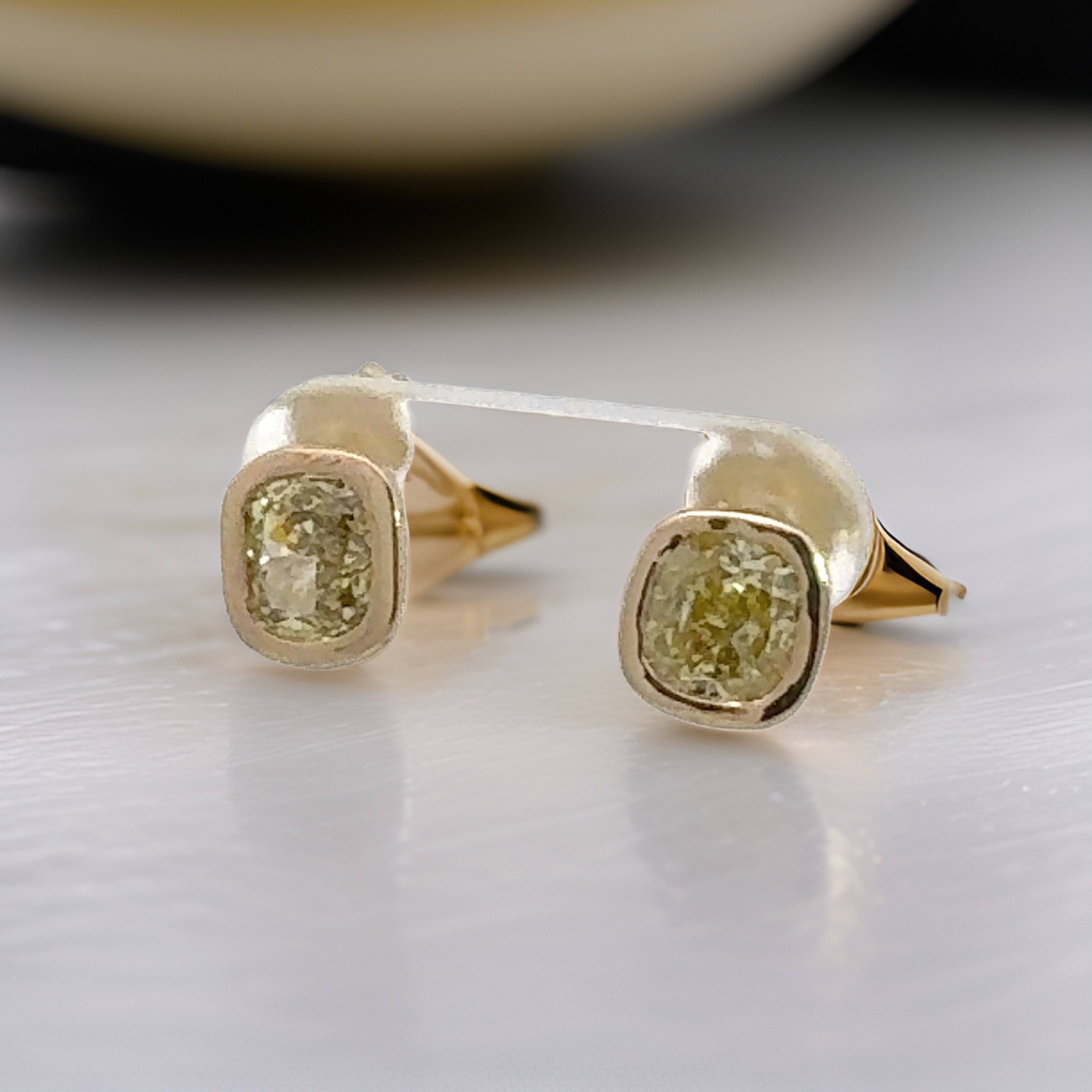 Maya Lianna Earrings, 1 Cushion Modified Diamond 1.00ct  GIA #5181572145 FBGY VS2, 1 Cushion Modified Diamond 1.35ct  GIA #1182574078 FY I1 (clarity not on cert), 14K Yellow Gold 4.01g (Original Cert)
