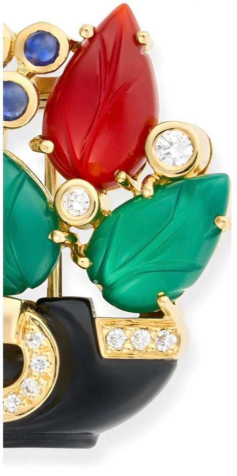 Cartier France Brooch/Pendant, 16 Round Brilliant Cut Diamonds 0.20cttw G-H VS1-VS2, 8 Sapphire Cabochon 1.00cttw, 2 Carnelion Carved, 2 Chalcedony Carved, 1 Onyx Freeform 18K Yellow Gold 14.14g. Serial # 913923. All Weights Estimated.