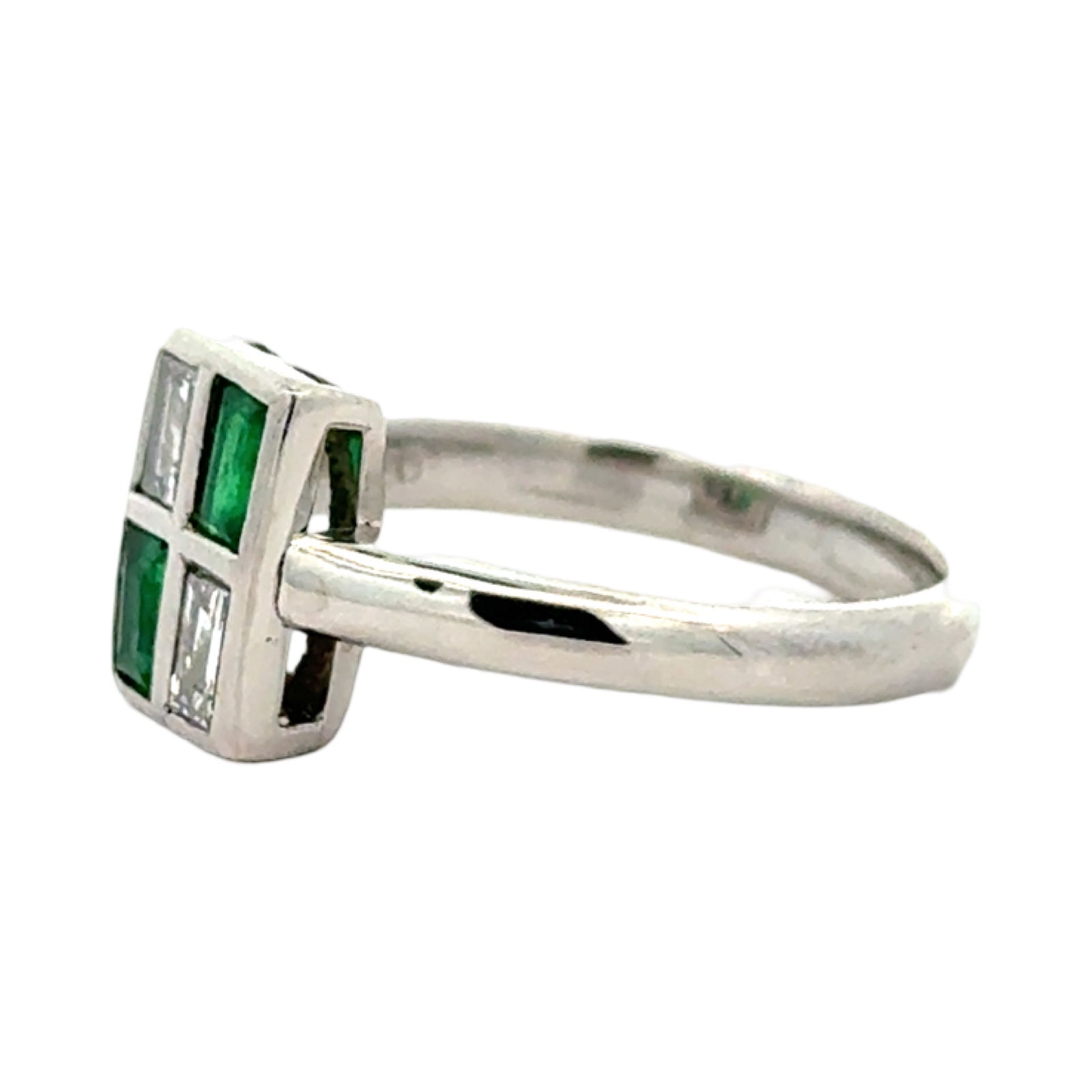 Estate Ring, 2 Baguette Cut Diamond 0.35 cttw  H-I VS2-SI1, 2 Baguette Cut Emerald 0.37 cttw,  Platinum 4.80g
