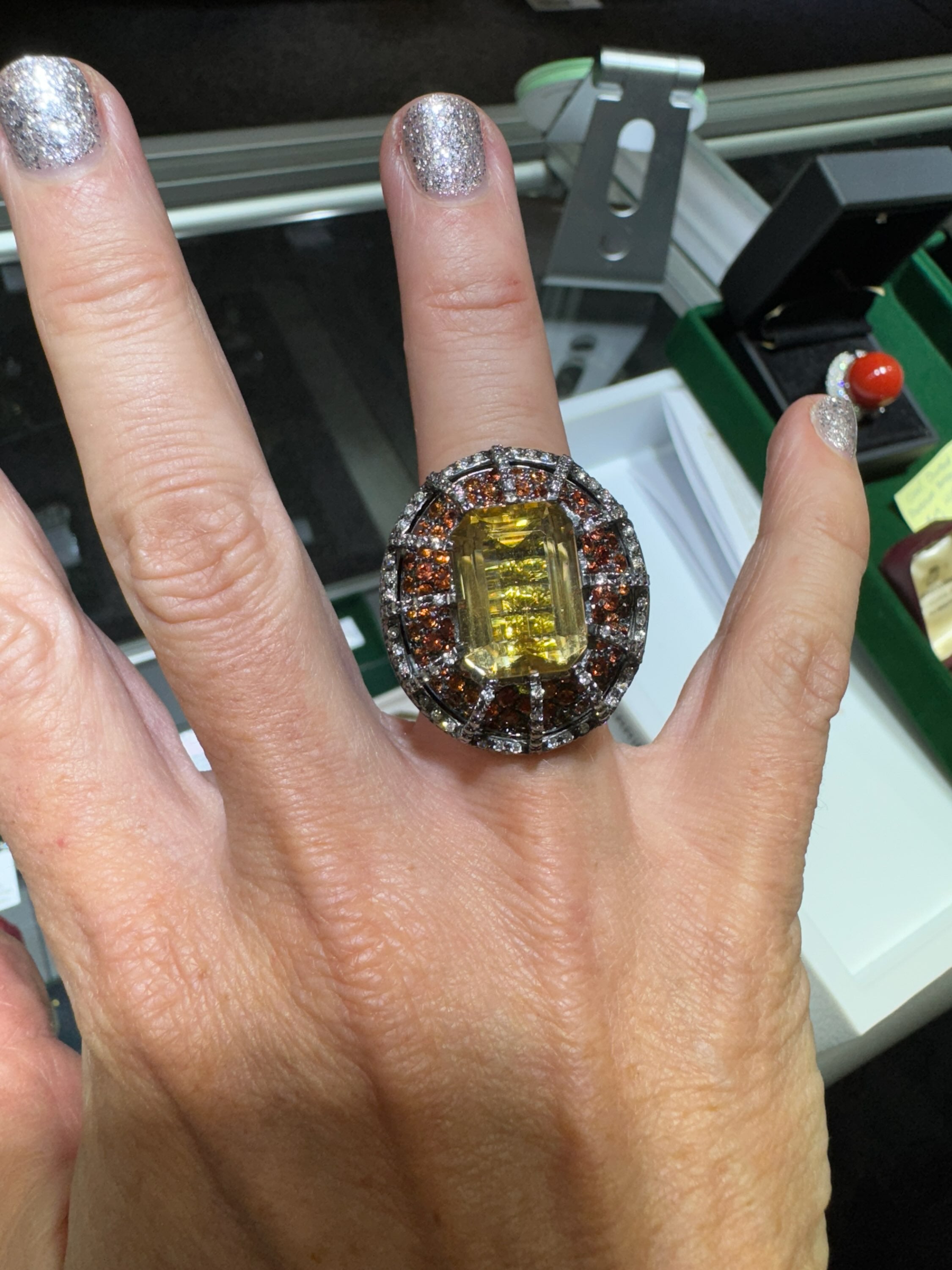 Estate Ring, 1 Citrine Emerald Cut 5.50 ct  #Estimated Weight, RBC Orange Sapphire 7.00 cttw, Black Round Brilliant Cut Diamond 5.00 cttw, Round Brilliant Cut Diamond 3.50 cttw  G-H VS2-SI1, 18K White Gold 27.40g. Size 6